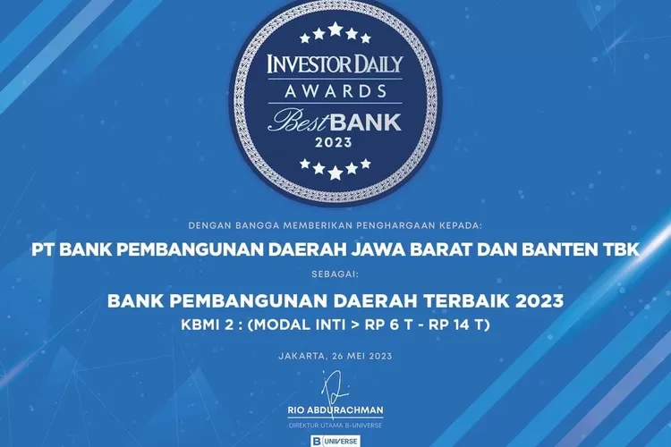 bank bjb berhasil meraih predikat Best Bank 2023 versi Majalah Investor  sebagai bank dengan performa terbaik dalam kategori KBMI 2. (ayopontianak.com/dok. bank bjb)