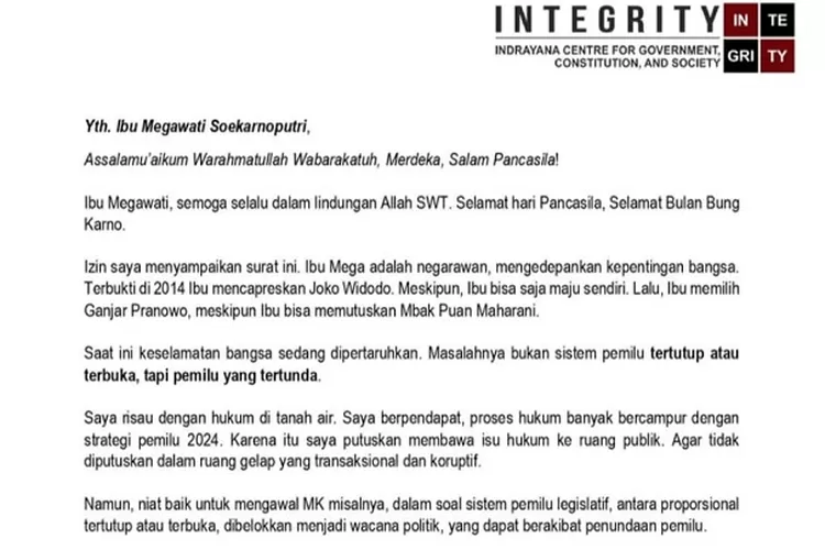 Isi surat terbuk mantan Wamenkumham Denny Indrayana untuk Megawati (tangkapan layar Twitter @dennyindrayana)
