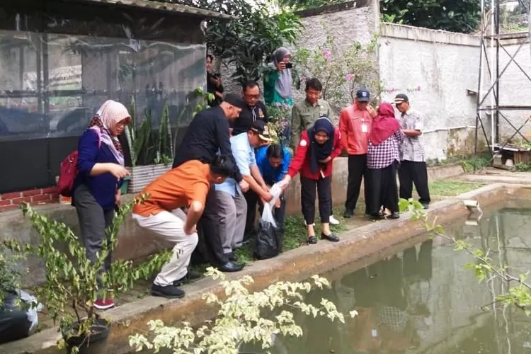 SEBAR IKAN : Lurah Krukut Jamaludin bersama stakeholder menebar benih ikan di empang dalam program P2L di Kelurahan Krukut, Limo Depok. ALDY/RADAR DEPOK
