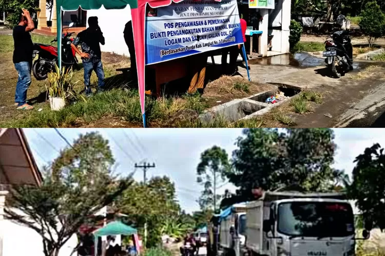 Pos pengutipan retribusi (atas) dilakukan terhadap truk-truk yang mengankut material dari hasil Galian C baik legal maupun ilegal di  Desa Pertumbukan, (Realitasonline.id/MA)