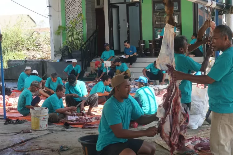 Warga RW 03 Perumahan Panjang Indah, Kelurahan Panjang Baru, Kecamatan Pekalongan Utara Kota Pekalongan saat penyembelihan hewan kurban.