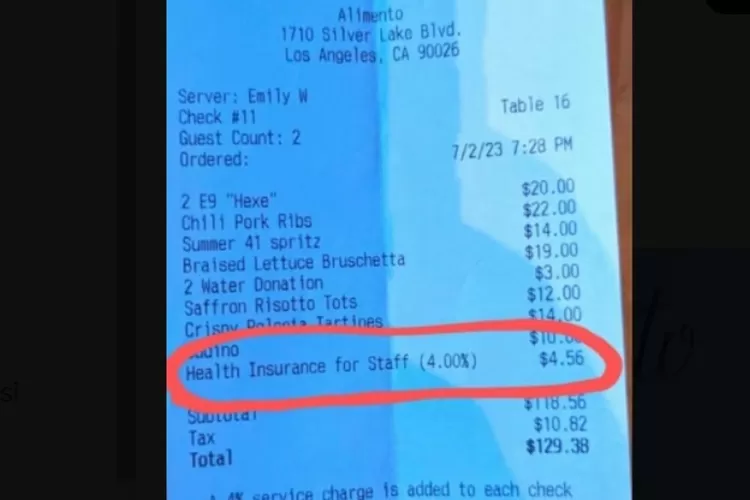 asuransi kesehatan karyawan masuk tagihan pengunjung restoran California (twitter @WallStreetSilv)