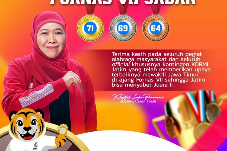 Gubernur Jatim Khofifah Indar Parawansa menyampaikan apresiasi dan terima kasihnya karen Jatim berhasil menjadi juara 2 di Fornas VII Jabar 2023. (Humas)