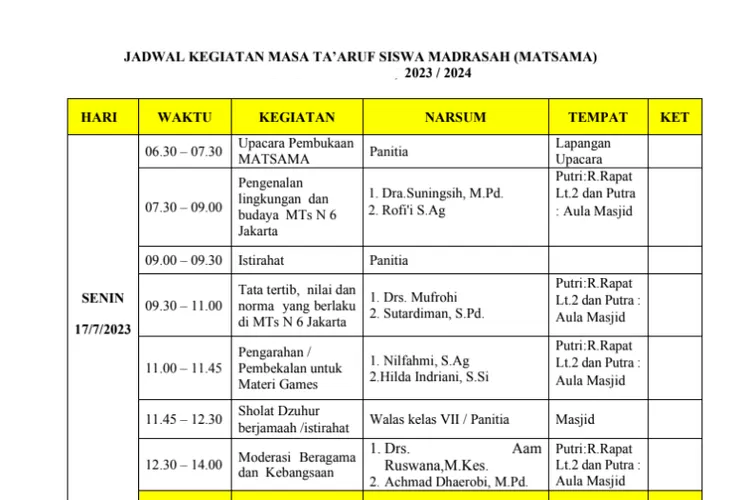 Baru Contoh Jadwal Matsama Mts 2023 Doc Pdf Download Format Susunan Acara Matsama Lengkap 9066