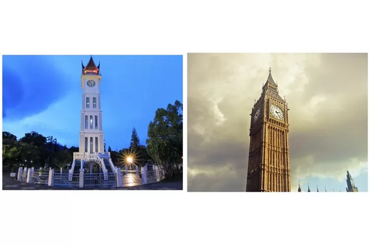 Menara Jam Gadang di Bukittinggi dan Menara Big Ben di London.  (Kolase foto Pemprov Sumbar dan Pexels.com)