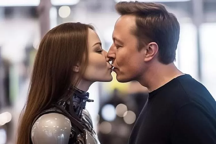 Foto Elon Musk berciuman dengan robot (Febri Daniel Manalu)