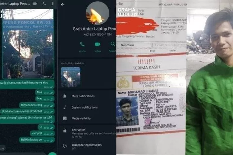 Tangkapan layar percakapan dan identitas kurir Grab Express yang bawa kabur laptop milik Konsumen