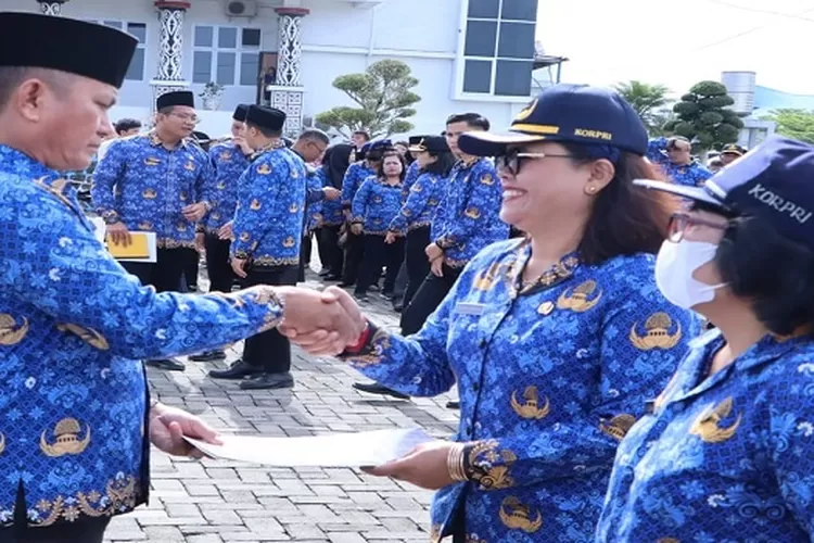 Sekdakab Simalungun Esron Sinaga mewakili Bupati memberikan SK pencantuman gelar kepada ASN   (Realitasonline.id/SS)