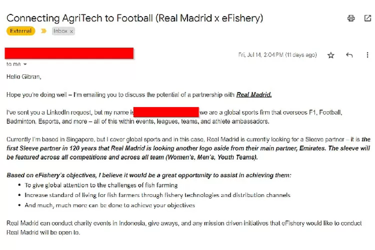 eFishery startup perikanan lokal asli Indonesia diajak kerjasama oleh tim sepakbola legendari Real Madrid (Twitter @gibranhuzaifah)