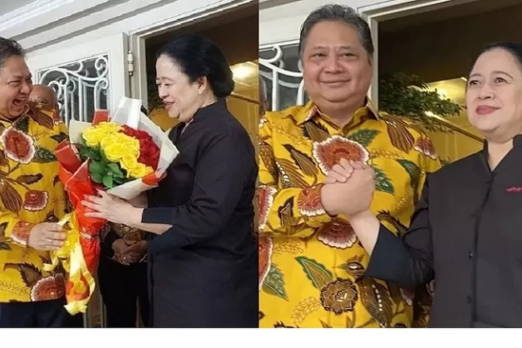 Ketua Umum Partai Golkar Airlangga Hartarto memberikan buket bunga warna kuning dan merah kepada Ketua DPP PDIP Puan Maharani lalu bersalaman erat (Ist)