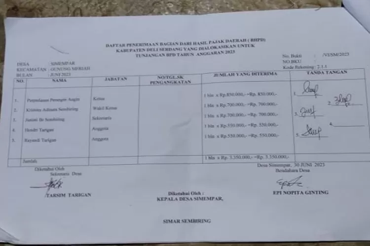 Bukti penggajian anggota BPD Simempar (Realitasonline.id/zul)
