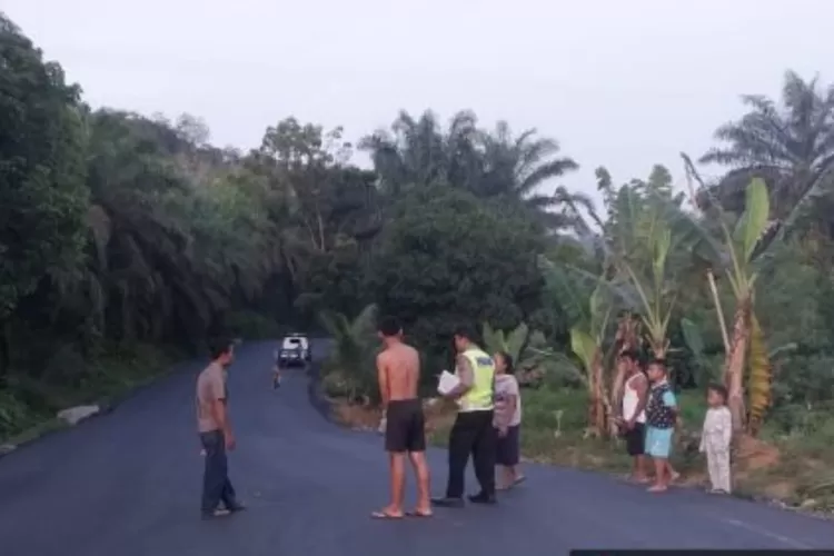 Personil Sat Lantas Polres Tapsel melakukan olah TKP pada peristiwa kecelakaan tunggal di jalan umum Desa Aek Pardomuan Angkola Sangkunur Tapsel, Sabtu (29/7/2023. (Realitasonline.id/Riswandy)