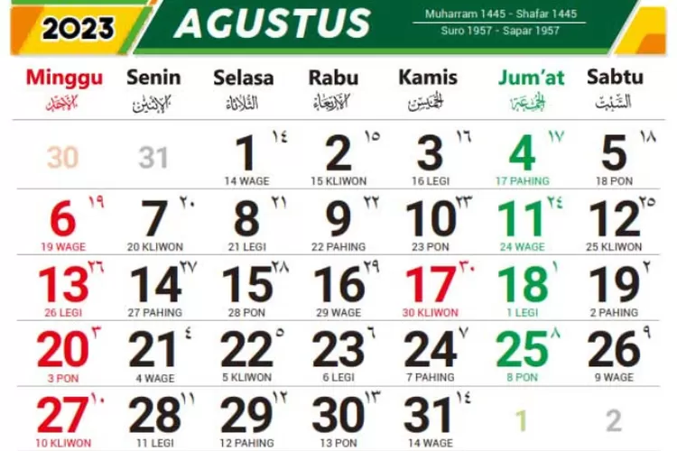 Kalender Jawa Agustus 2023 dilengkapi weton dan penentuan hari baiknya (tahsin.id)