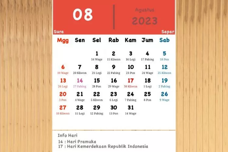 Tampilan Kalender Agustus 2023  (Aplikasi Android Kalender Jawa)