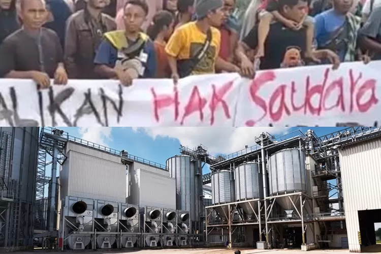 Demonstrasi warga Air Bangis (atas) dan ilustrasi kawasan industri petrokimia dan kilang minyak yang diduga akan jadi PSN dan dibangun di Air Bangis. (Screenshot Video YouTube Koran Haluan &amp; Freepik.com)
