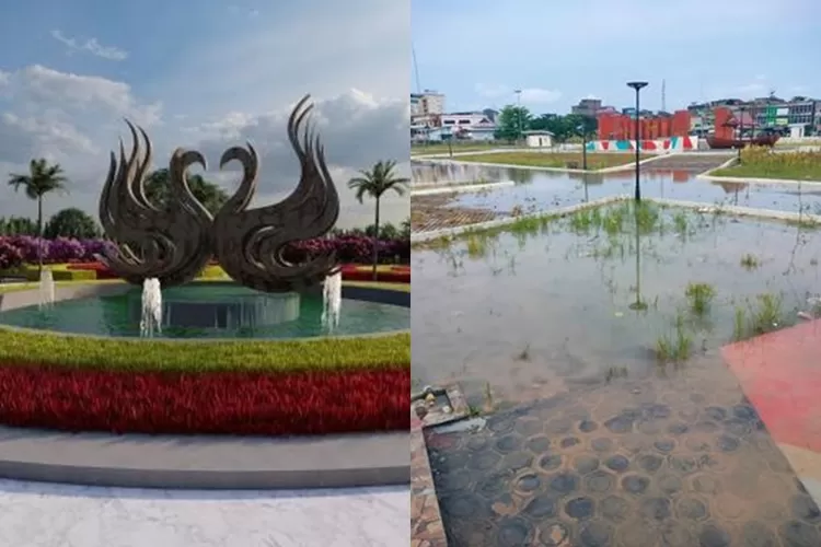 Taman Putri Pinang Masak RTH eks Pasar Angso Duo Jambi terlihat tergenang air. (Kolase foto Instagram/Alharisjambi &amp; Twitter/BukanJuanda.)
