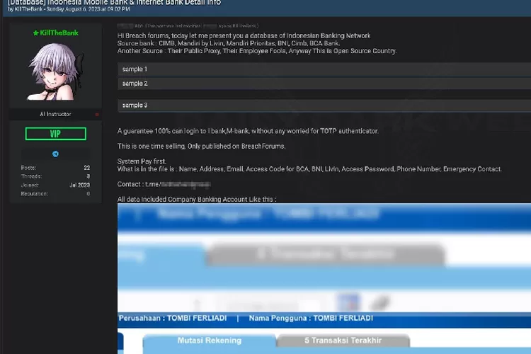 Data perbankan Indonesia diklaim terungkap saat pelaku dengan nama "KillTheBank" mengklaim akses terhadap informasi nasabah dari bank. (Twitter @DailyDarkWeb)