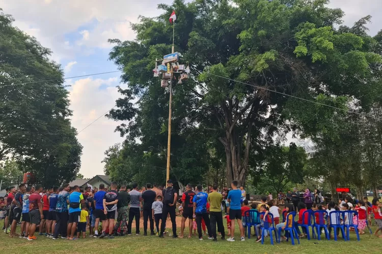 Perlombaan panjat pinang di Banteng Raider Semarang yang diikuti oleh para prajurit.  ((Ayosemarang.com/ Audrian Firhannusa))