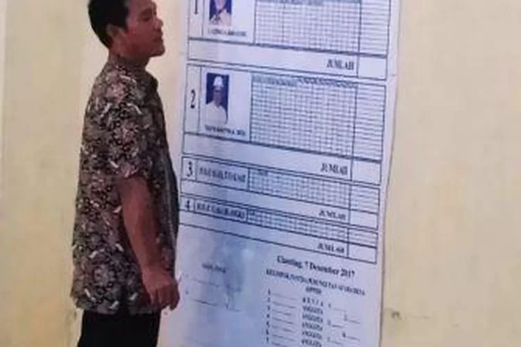 Seorang petugas Pemilihan Kepala Desa (Pilkades) 2017 di Desa Cianting, Kecamatan Sukatani, Kabupaten Purwakarta terlihat bersiap untuk menandai perolehan suara masing-masing bakal calon kepada desa pada Kamis (7/12/2017).