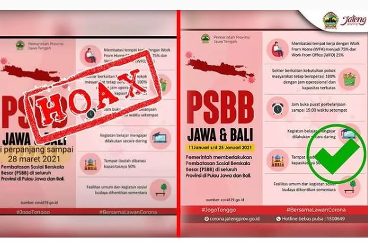 Perbandingan unggahan hoaks dan unggahan informasi asli mengenai perpanjangan PSBB Jawa & Bali. (Instagram/kominfo.jateng)