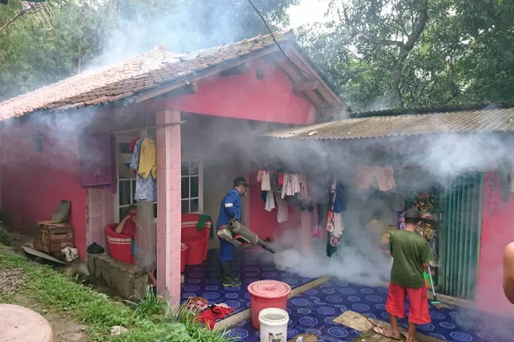 CEGAH: Petugas Puskesmas Jasinga melakukan fogging di Kampung Kebunanggrek, Desa Pamegarsari, kemarin.