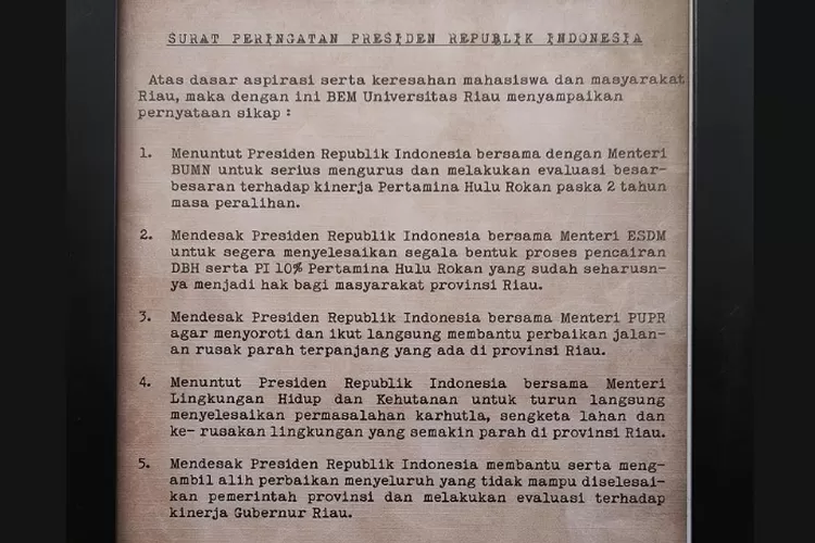 Pernyataan sikap BEM UNRI kepada Presiden terhadap masalah-masalah yang ada di Provinsi Riau (Instagram @bemunri)