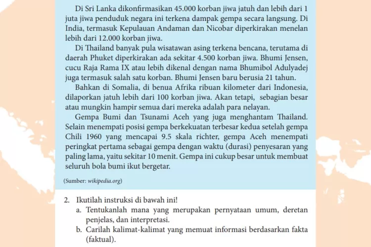 Bahasa Indonesia kelas 11 halaman 59 60 Tugas: fakta, pernyataan umum, penjelas, dan interpretasi dalam teks Gempa Aceh