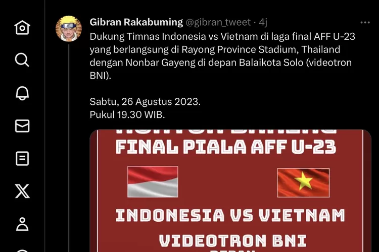 Gibran Rakabuming saat mengajak warga Solo untuk nonton bareng final Piala AFF U-23.  (Twitter @gibran_tweet)