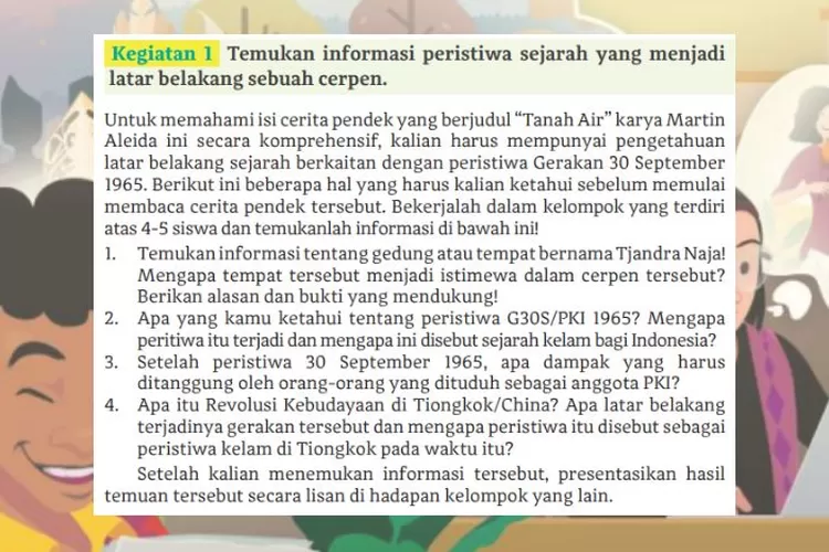 Bahasa Indonesia kelas 11 halaman 75 Kurikulum Merdeka: Informasi peristiwa sejarah dalam cerpen Tanah Air berkaitan dengan G30S/PKI 1965