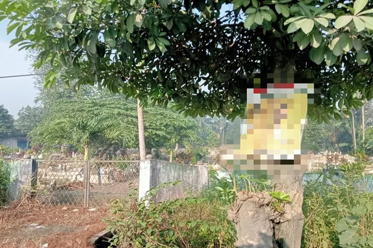 Poster caleg DPR RI dan caleg DPRD Deli Serdang dari partai berlambang pohon beringin dipaku di pohon depan kuburan muslim Jalan Galang Lubuk Pakam (Realitasonline.id/zul)