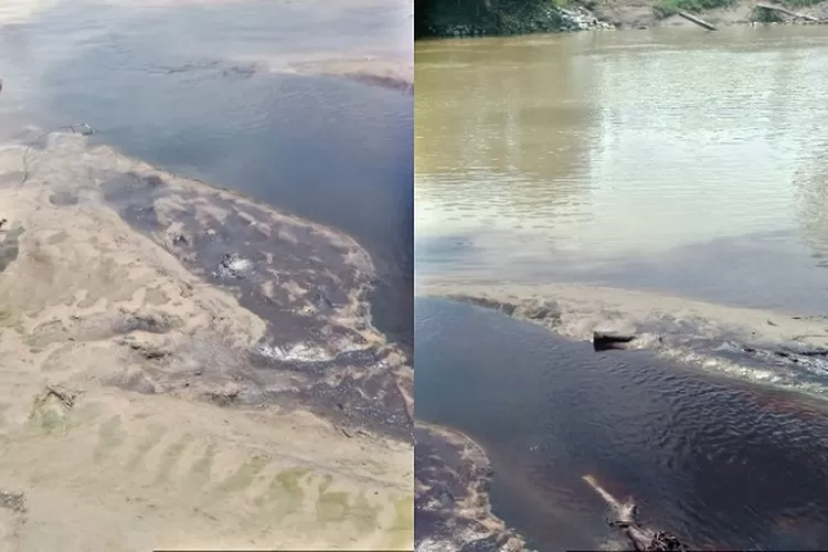 Terlihat limbah PKS milik perkebunan PTPN II Sawit Seberang masih mengalir ke sungai  (Realitasonline.id/MA)