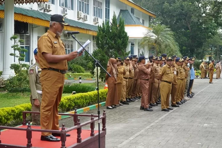 Asisten Adm Ekbangsos H.Sukhyar Mulyamin mewakili Plt Bupati Langkat H.Syah Afandin SH menjadi pembina Apel Gabungan Aparatur Sipil Negara  (Realitasonline,id/AA)
