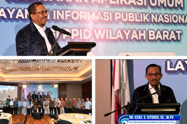 Kepala Dinas Komunikasi dan Informatika Provinsi Sumatera Utara (Sumut) Ilyas Sitorus mewakili Pj Gubernur Sumut Hassanudin, bersama Direktur Tata Kelola dan Kemitraan Komunikasi Publik Kementrian Kominfo Hasyim Gautama, foto bersama para peserta pada acara Bimbingan Teknis Kebijakan Aplikasi Umum L