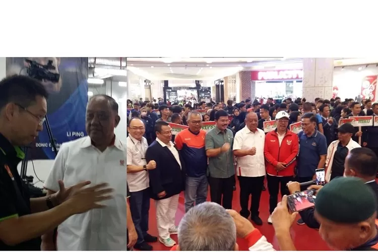 Ketua Umum PB PTMSI Peter Layardi Lay berbincang dengan Ketua Umum KONI Pusat Marciano Norman pada pembukaan Babak Kualifikasi PON XXI/ 2024 di BayWalk Mall Pluit, Jakarta Utara, Senin (14/8/2023) (Ist)
