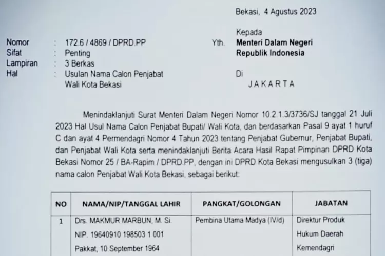 Calon Pj Wali Kota Bekasi Makmur Marbun. (FOTO: Dok. DPRD Kota Bekasi)