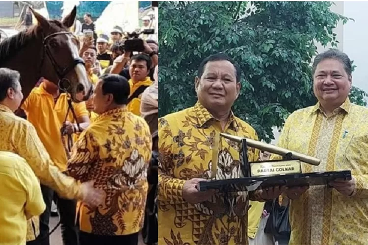Ketua Umum Partai Golkar Airlangga Hartarto memberikan kuda coklat dan cangkul emas kepada Ketua Umum Partai Gerindra Prabowo Subianto saat menyambangi DPP Golkar di Slipi, Jakarta Barat, Jumat (31/8/2023) (Ist)