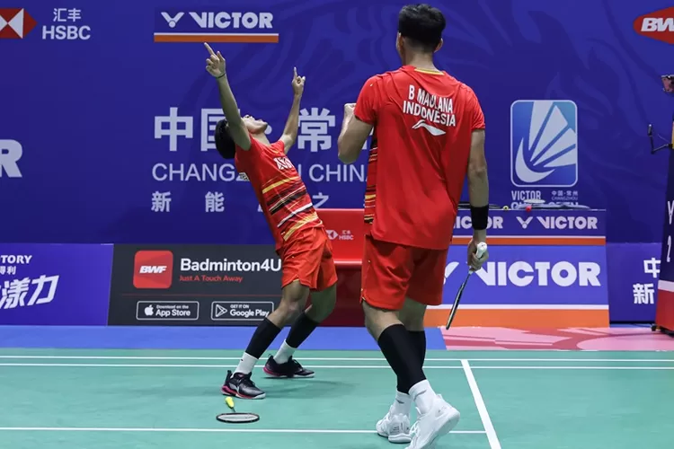 Pasangan Indonesia meluapkan emosinya setelah melewati babak pertama turnamen bulutangkis China Open 2023.