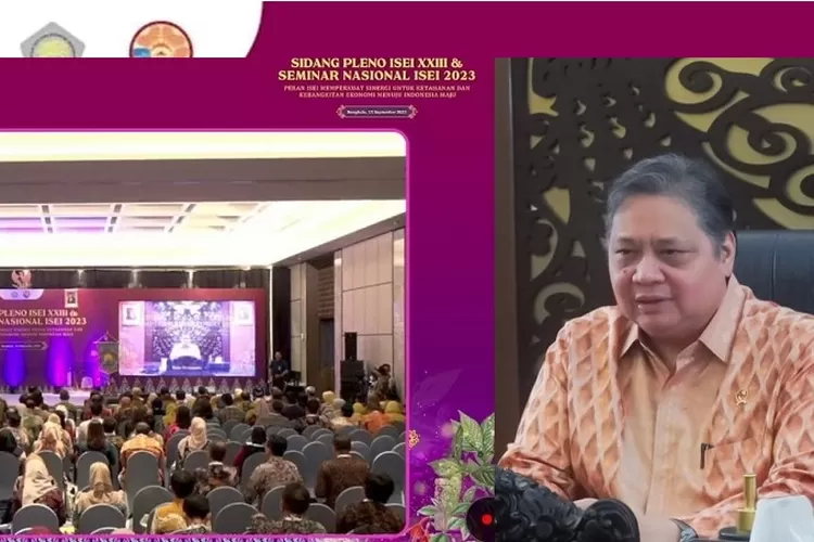 Menteri Koordinator Bidang Perekonomian Airlangga Hartarto ketika mewakili Presiden Joko Widodo dalam Seminar Nasional ISEI 2023 (ekon.go.id)