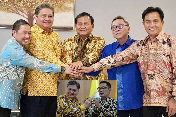 Ketua Umum Partai Golkar Airlangga Hartarto dalam pertemuan dengan partai politik anggota KIM pengusung Bacapres Prabowo Subianto dan saat bersama dengan Ridwan Kamil (Ist)