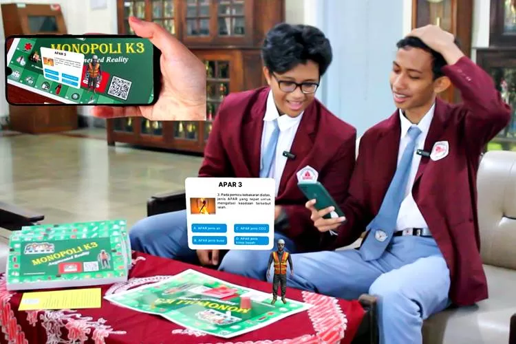  Faruq Fairuzabadi Aribowo dan Katara Nashrulloh, siswa kelas XI SMAN 3 Yogyakarta berhasil membuat inovasi permainan game monopoli edukasi K3.  (Foto: Dok. SMAN 3 YK)
