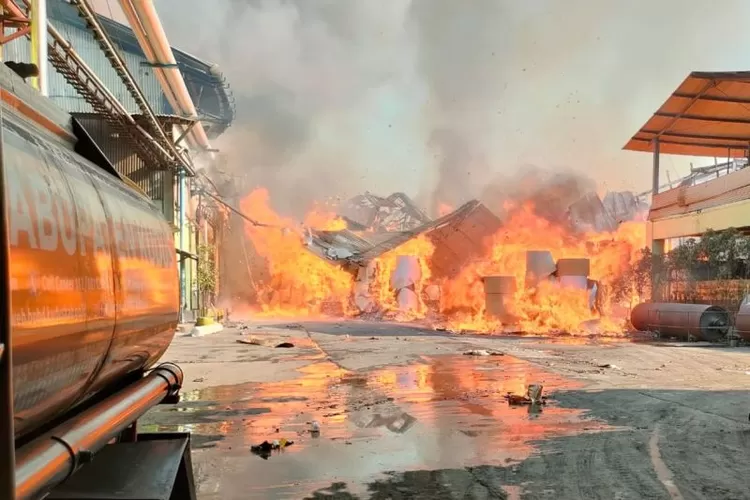 Tim pemadam kebakaran dari BPBD Kudus, Jawa Tengah, tengah melakukan pemadaman api yang membakar pabrik kertas PT Pura di Jalan Kudus-Pati kilometer 12 di Desa Terban, Kecamatan Jekulo.  (ANTARA/HO-BPPBD Kudus)