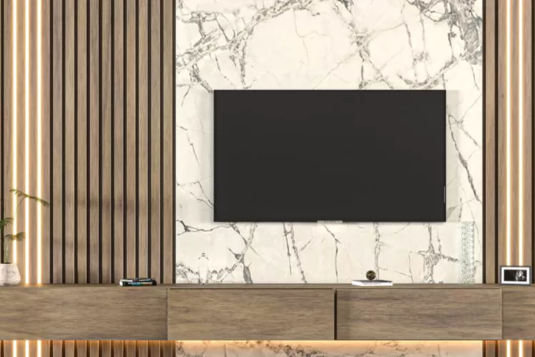 7 Tips interior desain backdrop TV terlihat semakin harmoni mewah dengan  gabungan marmer dan kayu - Bogor Insider