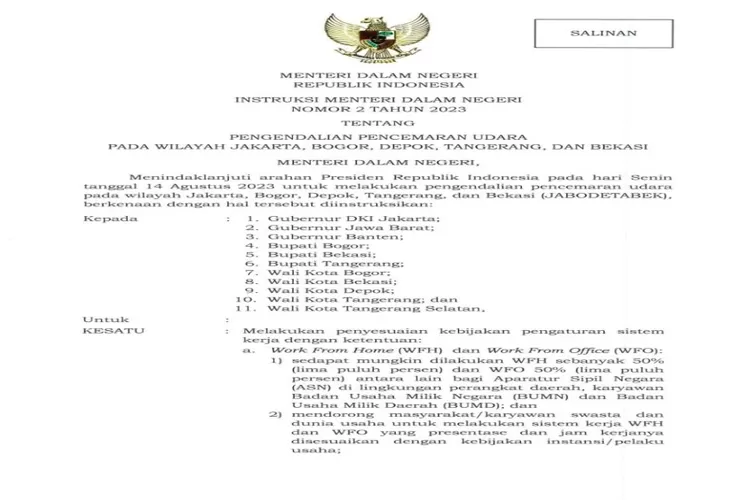 Tangkap layar menerbitkan Instruksi Mendagri (Inmendagri) Nomor 2 Tahun 2023 tentang Pengendalian Pencemaran Udara pada Wilayah Jakarta, Bogor, Depok, Tangerang, dan Bekasi (Jabodetabek). 