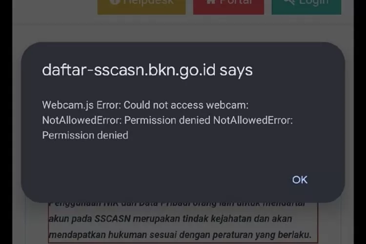 Ilustrasi Notifikasi Webcam js Error saat Daftar CPNS dan PPPK 2023 (tangkapan layar)