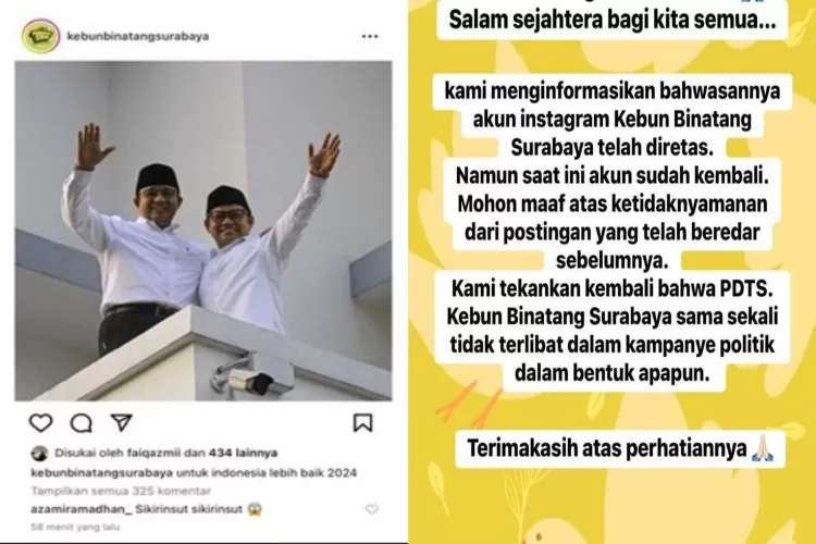 Akun Instagram Kebun Binatang Surabaya (KBS) dikabarkan sempat dihack dan mengunggah foto pasangan capres-cawapres Anies Baswedan-Cak Imin. (Istagram @kebunbinatangsurabaya)