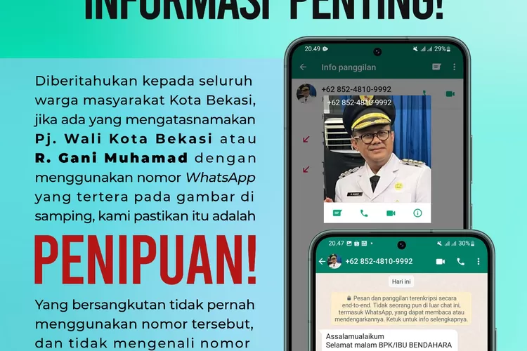 Nama Pj Wali Kota Bekasi Raden Gani Muhammad dicatut nomor palsu untuk meminta uang ke pejabat Kota Bekasi. (Pemkot Bekasi)