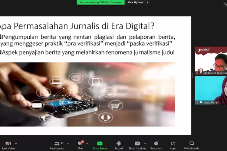 Materi COD Vol 3 yang digelar Himakom Unida soal tantangan jurnalis di era digital. (Dok Fisikom Unida )