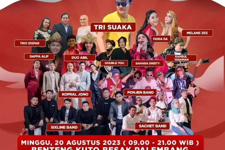 Tri Suaka bersama band dan penyanyi lokal seperti Kopral Jono, Ponjen Band, Kamsul A Harla, Fania DA, dan lain-lain akan menghibur warga Palembang di Pelataran Benteng Kuto Besak (BKB) Palembang   (tangkapan layar instagram charming palembang)