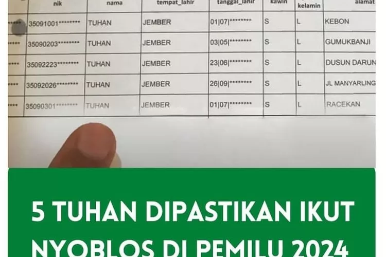 Ada lima tuhan dipastikan ikut memberikan suara  di Pemilu 2024 di Jember . Tadinya ada enam, tapi satu meninggal.  (tangkapan layar instagram @Palembangkulukilir)
