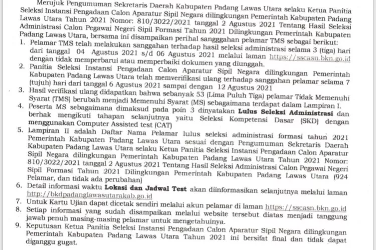 Surat Pengumuman tentang hasil sanggahan pelamar CPNS formasi tahun 2021 pemerintah kabupaten Paluta.(REALITAS)